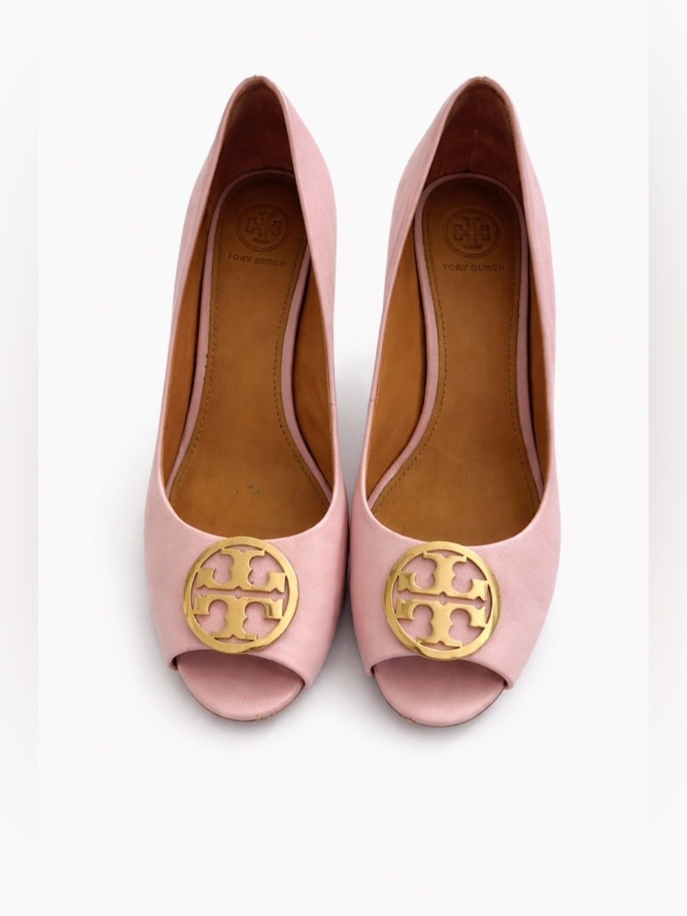 Tory Burch Pink Peep Toe Wedge Heels Gold Logo Medallion Size 8.5M